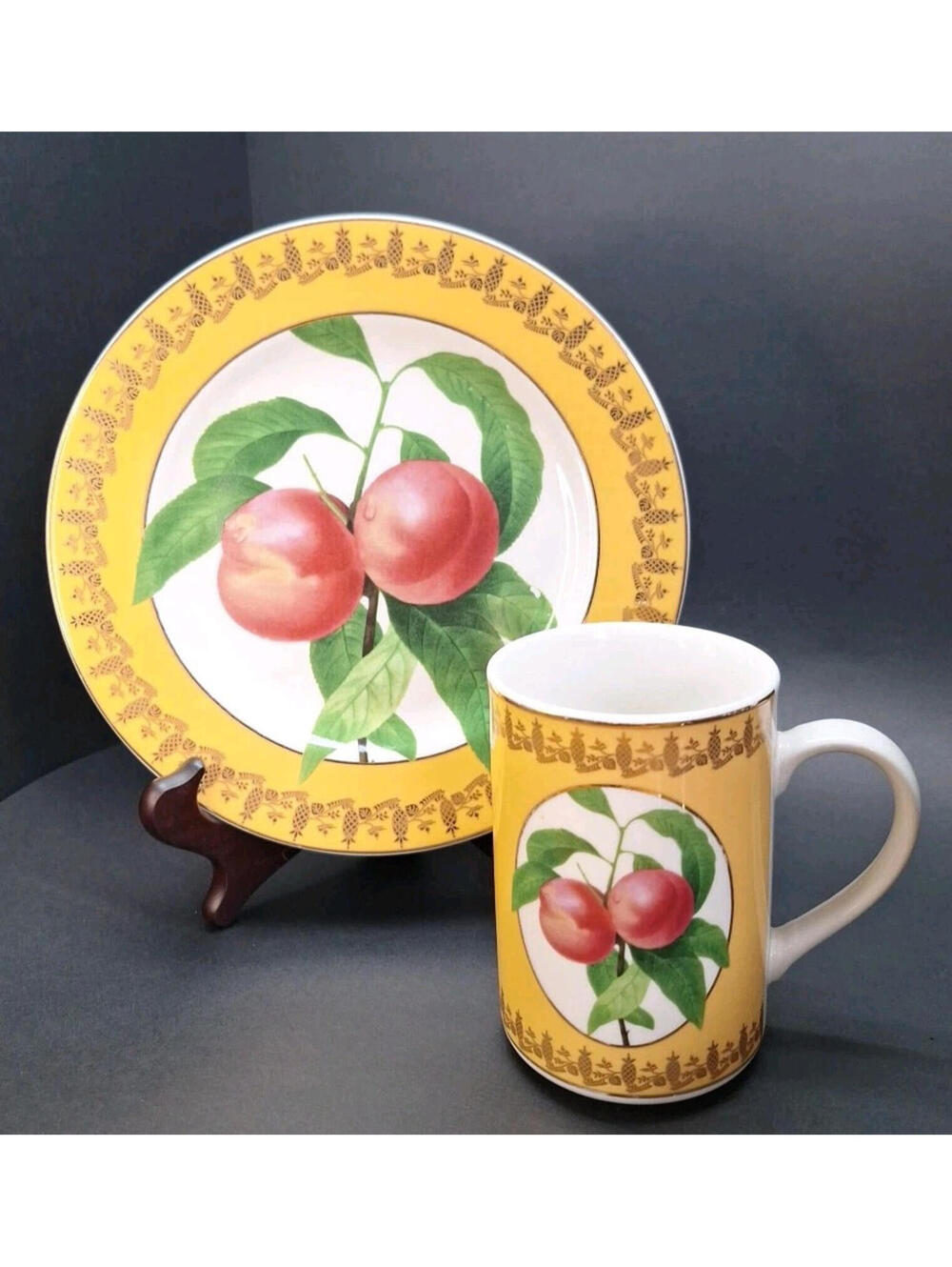 Royal Fruit  American Atelier Yellow Peaches Gold  Porcelain Mug Lunch Plate